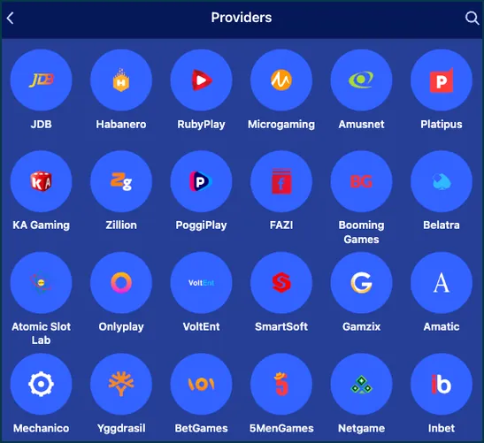 Screenshot of a studio directory with circular logos and names such as Spinomenal, Endorphina, Evoplay, Betsoft, Habanero and RubyPlay