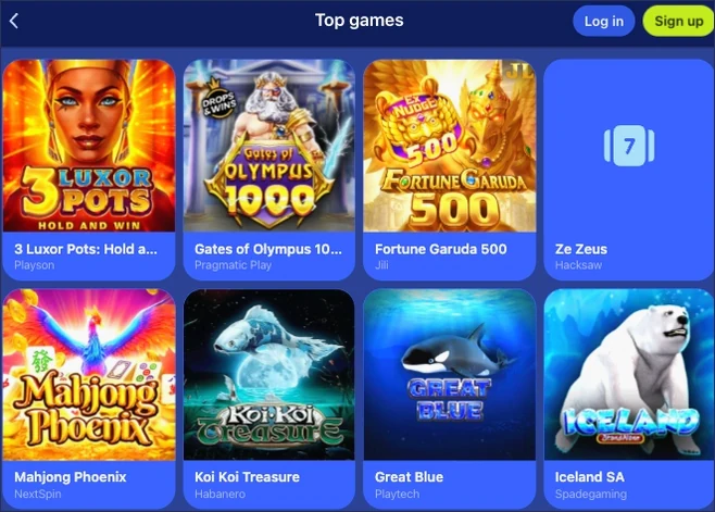 Top games grid of slot tiles including 3 Luxor Pots, Gates of Olympus 1000, Fortune Garuda 500, Mahjong Phoenix, Koi Koi Treasure, Great Blue and Iceland