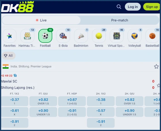 DK-88 sportsbook screen showing a Live and Pre-match toggle, sport category icons and one live football fixture with its odds