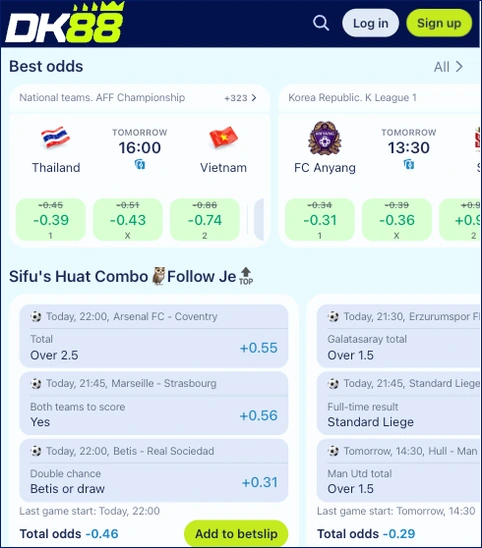 Screenshot of football fixtures priced with three-way odds in a best odds block, with a combo block next to it