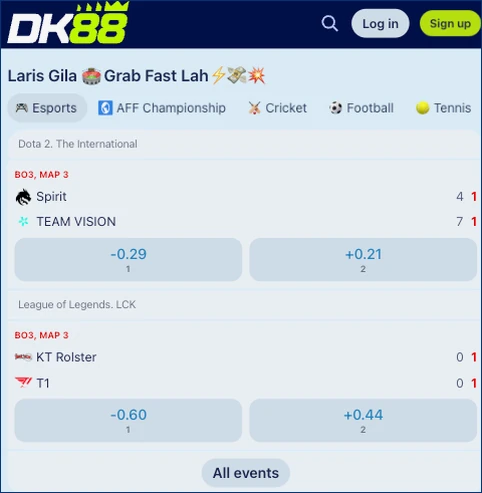 DK-88 e-sports section with two-outcome odds on each match card and an All events button
