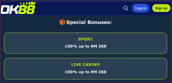 DK-88 bonus cards for sport (100% up to RM 388) and live casino (100% up to RM 288) shown side by side in the special bonuses list